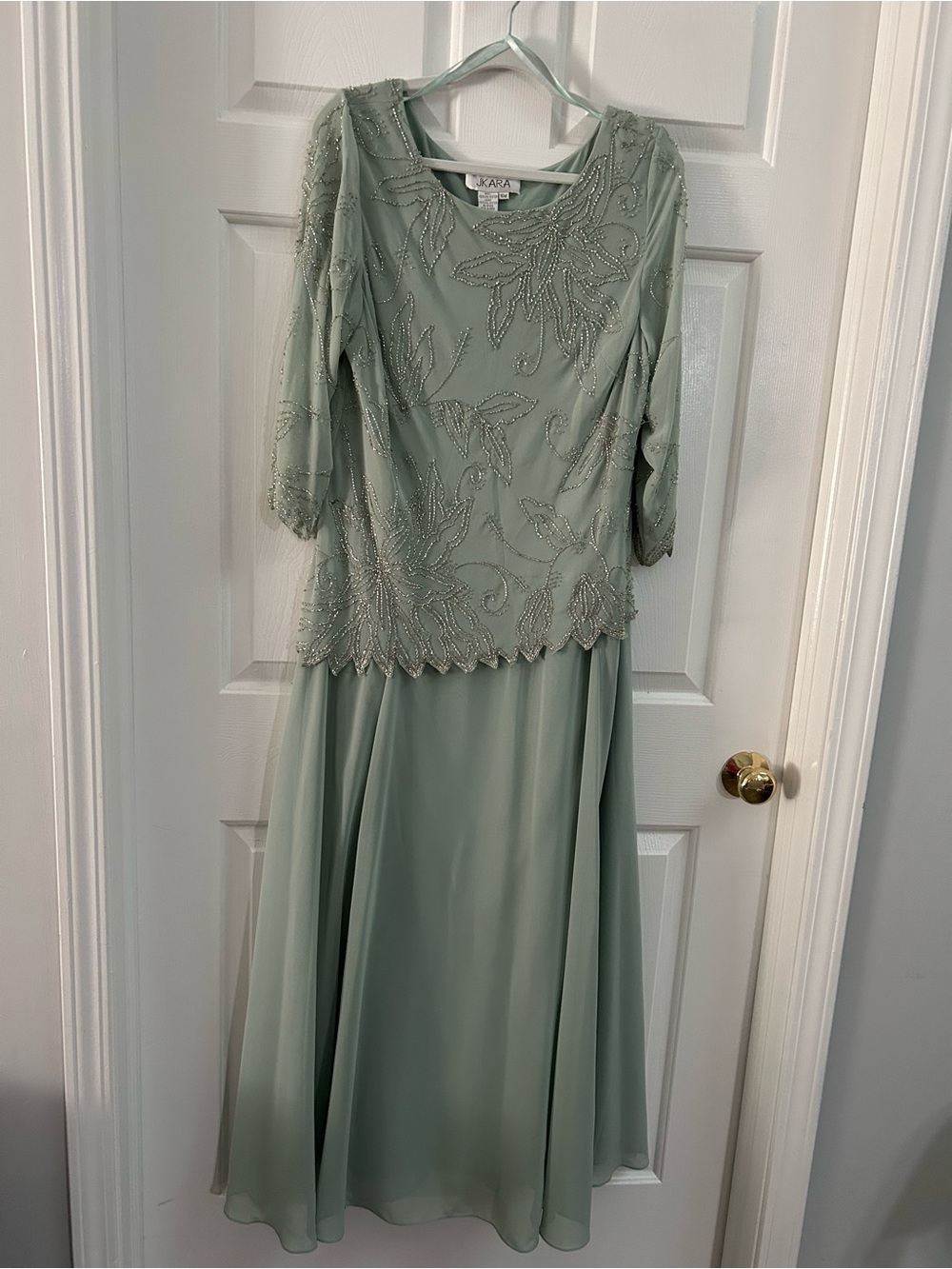 J Kara Mint Green Beaded Long Sleeve Gown
